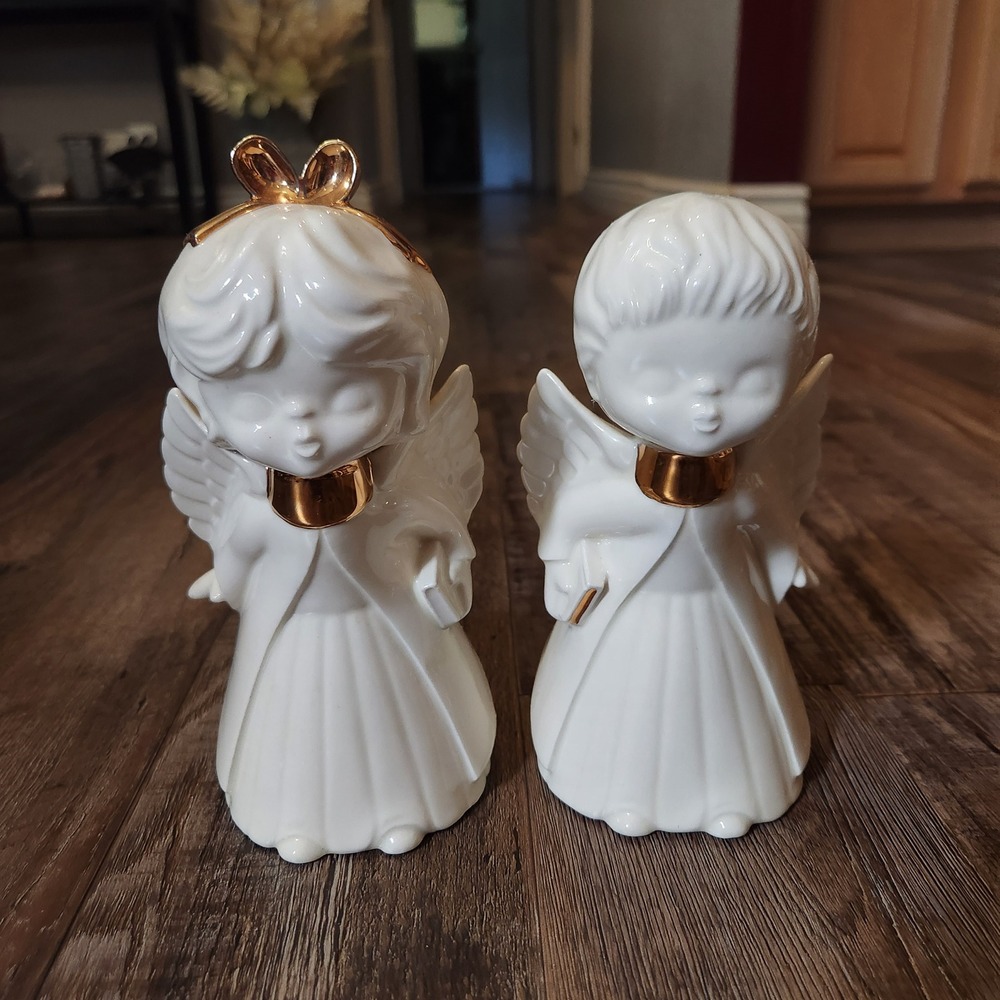 Vintage Style Kissing Ceramic Angel Figurine Set Gold Trim Boy Girl‎ Cherubs 7in